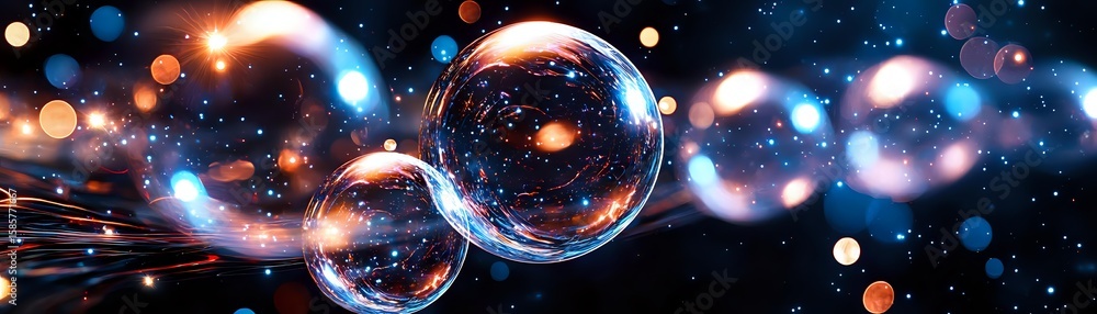 Poster glowing transparent spheres with light reflections floating in dark space surrounded by colorful bok