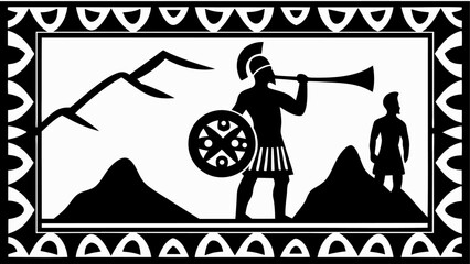 Black and white drawing of a warrior with a shield and trumpet in a decorative border landscape view silhouette