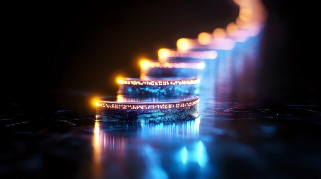 Glowing cryptocurrency coins stacked in dark background with blue and orange light effects creating futuristic atmosphere. Digital money concept with reflective surface.