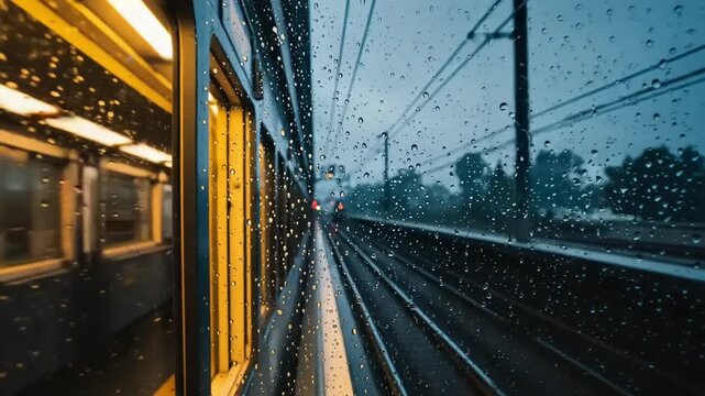 Rain-soaked train window view showcasing a dimly lit platform and blurred tracks in the background