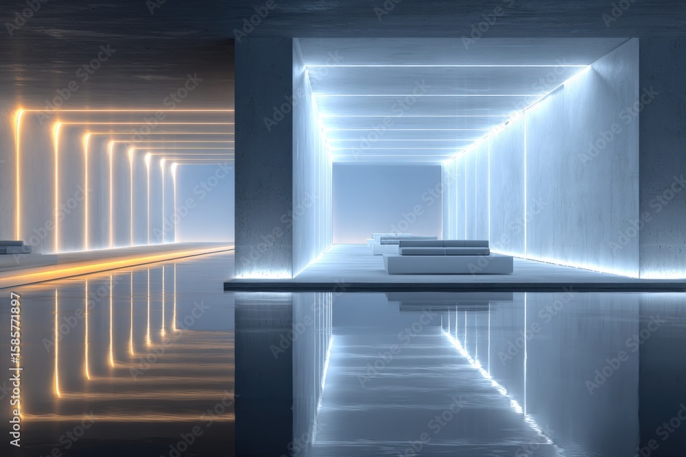 Poster modern futuristic corridor with dynamic led lighting effects reflecting on water surface creating a 