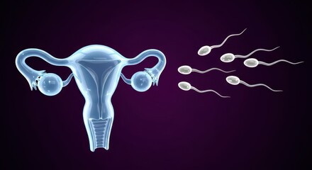 Uterus, ovaries, and sperm cells approaching for human fertilization