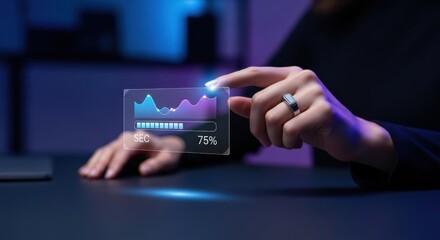 Hand wearing smart ring interacting with futuristic holographic display showing data graph and progress bar