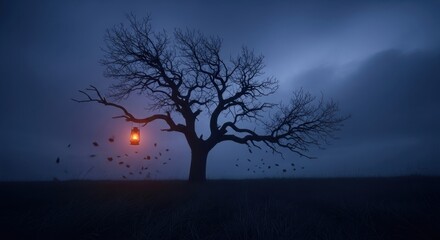 Spooky bare tree with glowing lantern and falling leaves against a dark twilight sky
