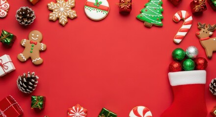 Christmas flat lay with holiday cookies, gifts, pine cones, and stocking on red background