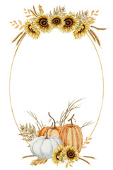 Watercolor autumn card Template with oval floral Frame of pumpkins, sunflowers, wheat, and fall leaves. Illustration of Border for harvest festival greetings, seasonal invitations, or stationery.