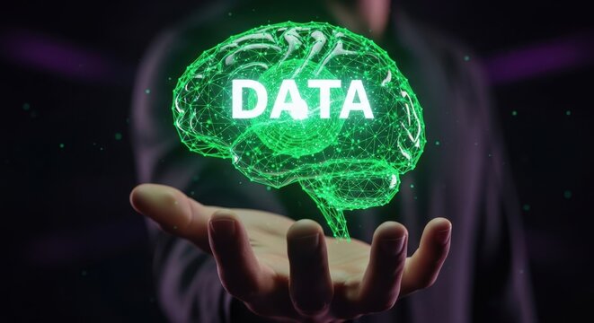 Human hand presenting glowing green digital brain with DATA text for AI and big data