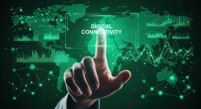 Hand interacting with digital connectivity holographic interface and global network data
