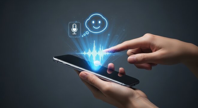 Smartphone with AI voice assistant interface, human hand interacting with digital sound wave