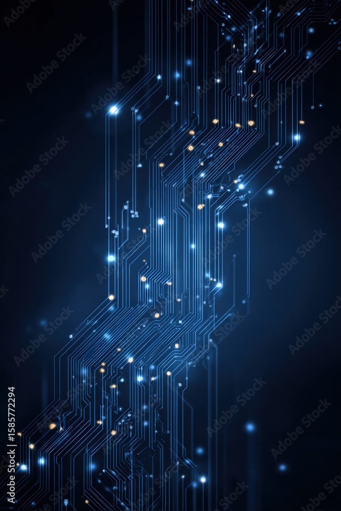 Poster high-tech digital circuit board with glowing pathways and electronic components representing advance