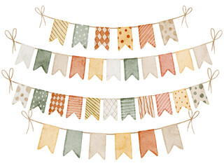 Watercolor illustration of Garlands with Flags in soft boho colors. Drawing of pennants for baby showers greeting cards or childish party invitations. Art for nursery decorations and festivity decor.