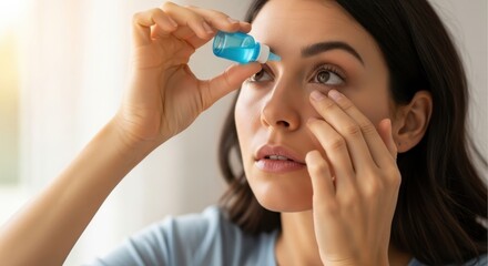 Young woman applying eye drops to her eye, treating dry eyes or irritation