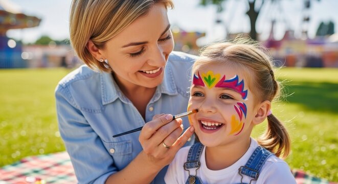 Happy mother applying colorful face paint to her joyful young daughter at an outdoor event