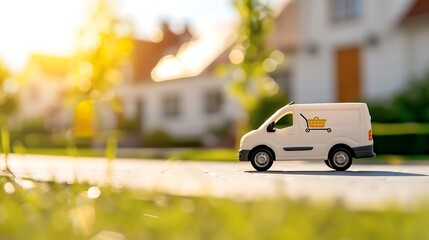 White delivery van driving down sunny suburban street with houses