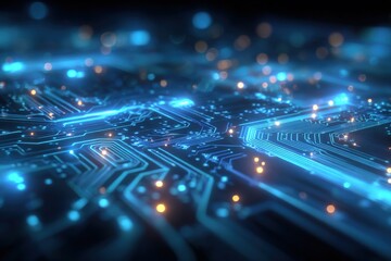 Futuristic blue glowing digital circuit board background illustrating advanced technology and electronic components with intricate pathways