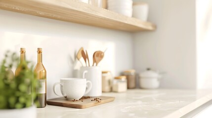 Bright kitchen countertop with wooden utensils and coffee beans
