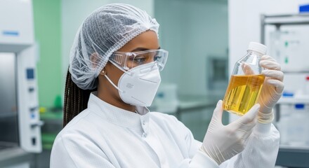 Female scientist in sterile cleanroom examining yellow liquid sample in laboratory bottle