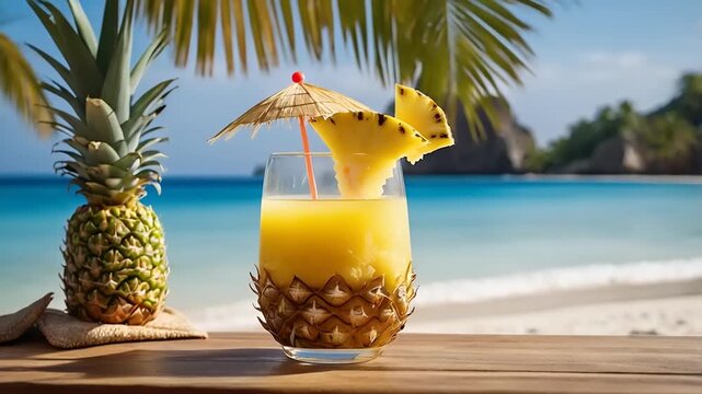 Refreshing tropical cocktail served in a pineapple glass, with a beach backdrop and palm trees