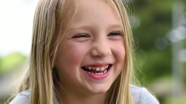 Close up portrait of a joyful little blonde girl with a missing tooth laughing happily outdoors