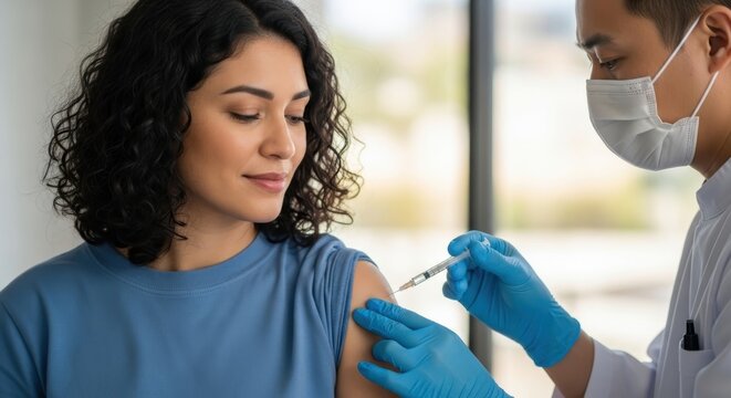 Young woman receiving a vaccine injection in her arm from a medical professional