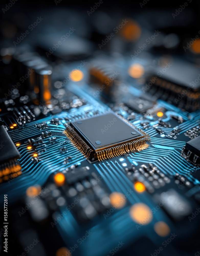 Poster close-up of a high-tech printed circuit board with microchips and electronic components illuminated 