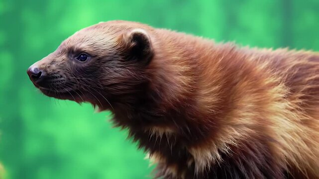 Profile of a Wild Wolverine (Gulo gulo) with Intense Gaze in Natural Green Habitat
