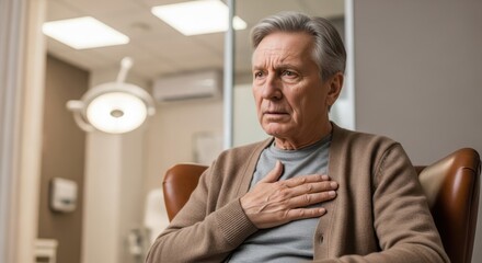 Older man with chest discomfort in a medical clinic setting