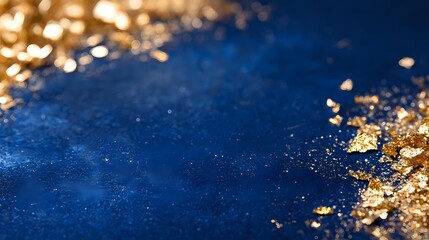 Luxurious navy blue and gold abstract background with scattered metallic foil fragments creating elegant sparkle effect on dark textured surface.