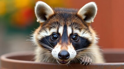 Raccoon is looking at the camera with its mouth open. The raccoon is brown and black with a white nose