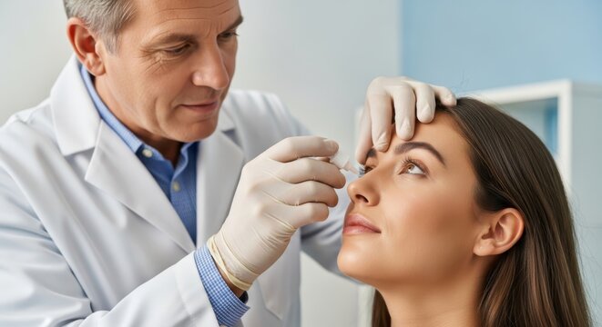 Male doctor administering eye drops to a young woman eye during a medical checkup