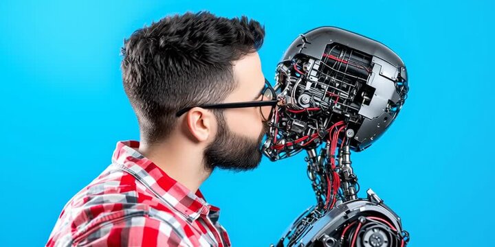 A lonely incel man kissing his AI chatbot girlfriend