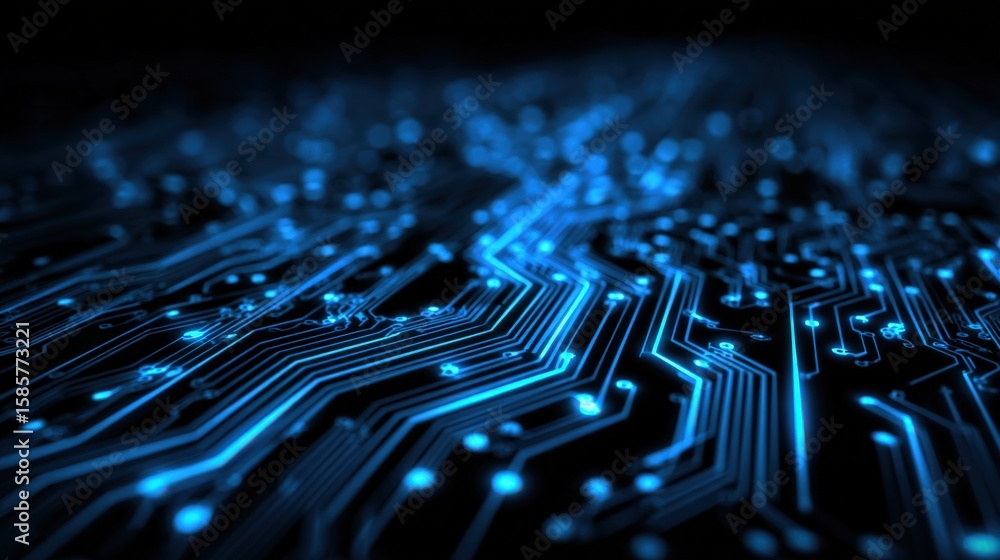 Poster hightech electronic circuit board with glowing blue digital pathways on dark background representing