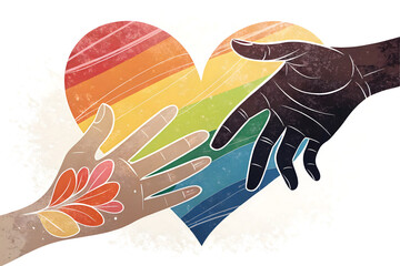 Two diverse hands gently reach towards each other, their outline creating a vibrant, multicolored heart symbol, representing connection, support, and affection
