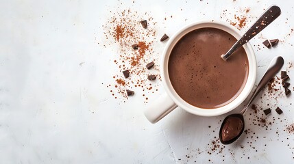 Warm cozy hot chocolate with chocolate shavings and spoons