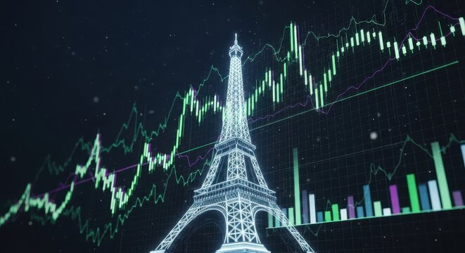 Digital eiffel tower with glowing financial charts representing global market data