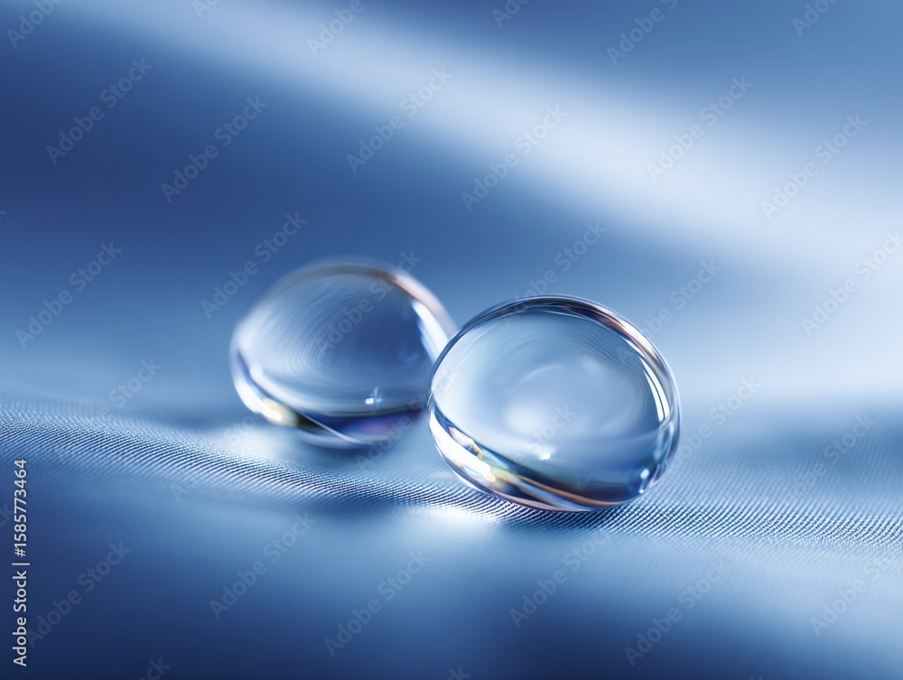 Poster close-up of two transparent glass marbles resting on a smooth reflective surface with a blue gradien