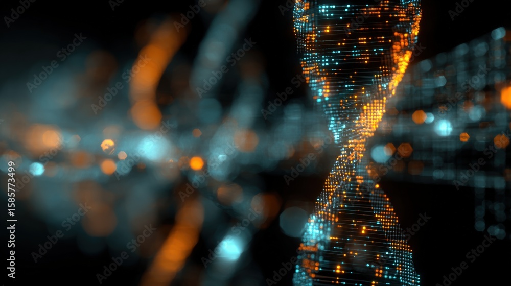 Poster advanced digital dna helix with glowing particles representing genetic data science and futuristic b
