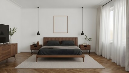 Modern Minimalist Bedroom Interior:  Dark Wood Bed, Neutral Decor, and Blank Wall Art.