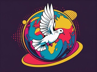 Vibrant Peace Dove Flying Over a Colorful Globe - Symbol of Global Harmony