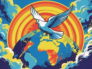 Vibrant Peace Dove Flying Over a Colorful Globe - Symbol of Global Harmony