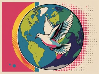 Vibrant Peace Dove Flying Over a Colorful Globe - Symbol of Global Harmony