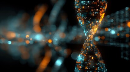 Advanced digital DNA helix with glowing particles representing genetic data science and futuristic biotechnology visualization
