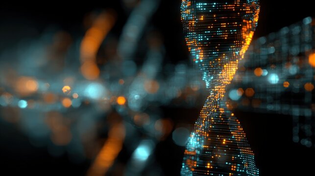 Advanced digital DNA helix with glowing particles representing genetic data science and futuristic biotechnology visualization - Powered by Adobe