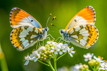 Two orange-tip butterflies gracefully perch on small white flowers, showcasing the intricate patterns on their wings