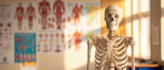 The skeleton model in a bright classroom for anatomy education.