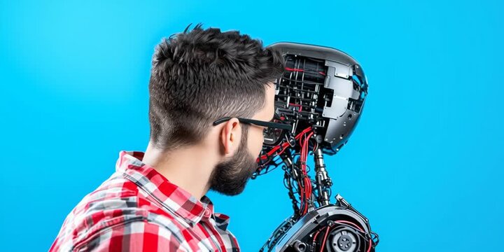 A lonely incel man kissing his AI chatbot girlfriend