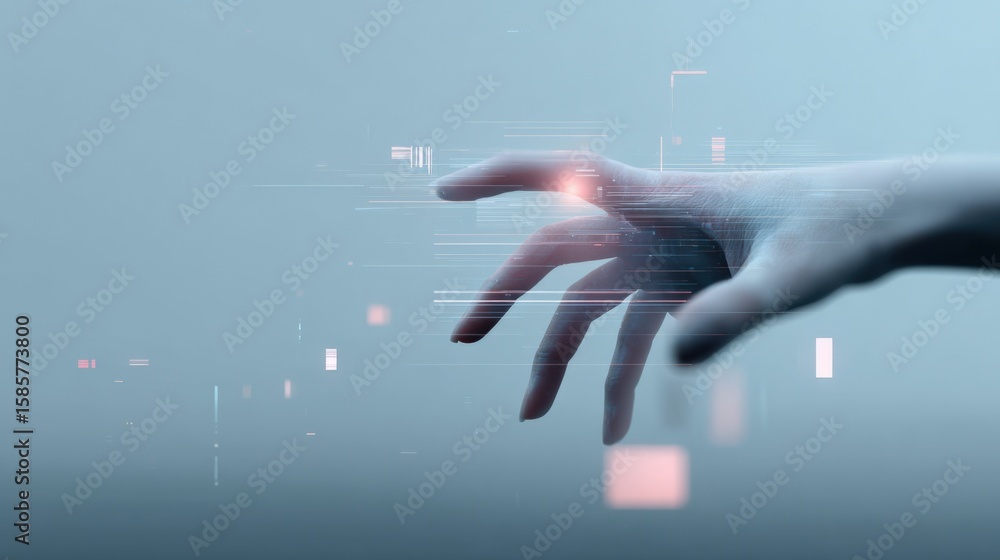 Poster futuristic hand touching holographic interface with data streams and virtual elements in a modern te