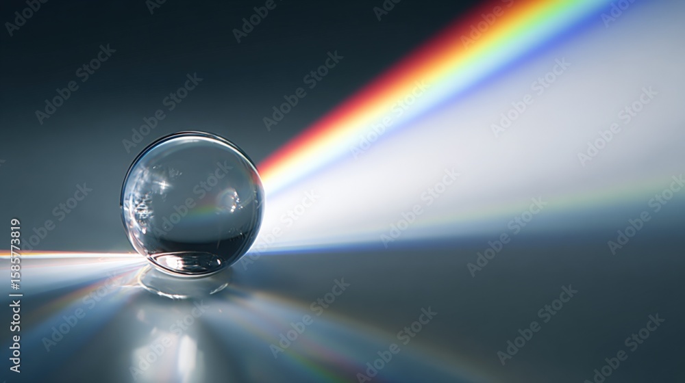 Poster close-up of a clear glass sphere captu rainbow colors and light reflections on a smooth surface with