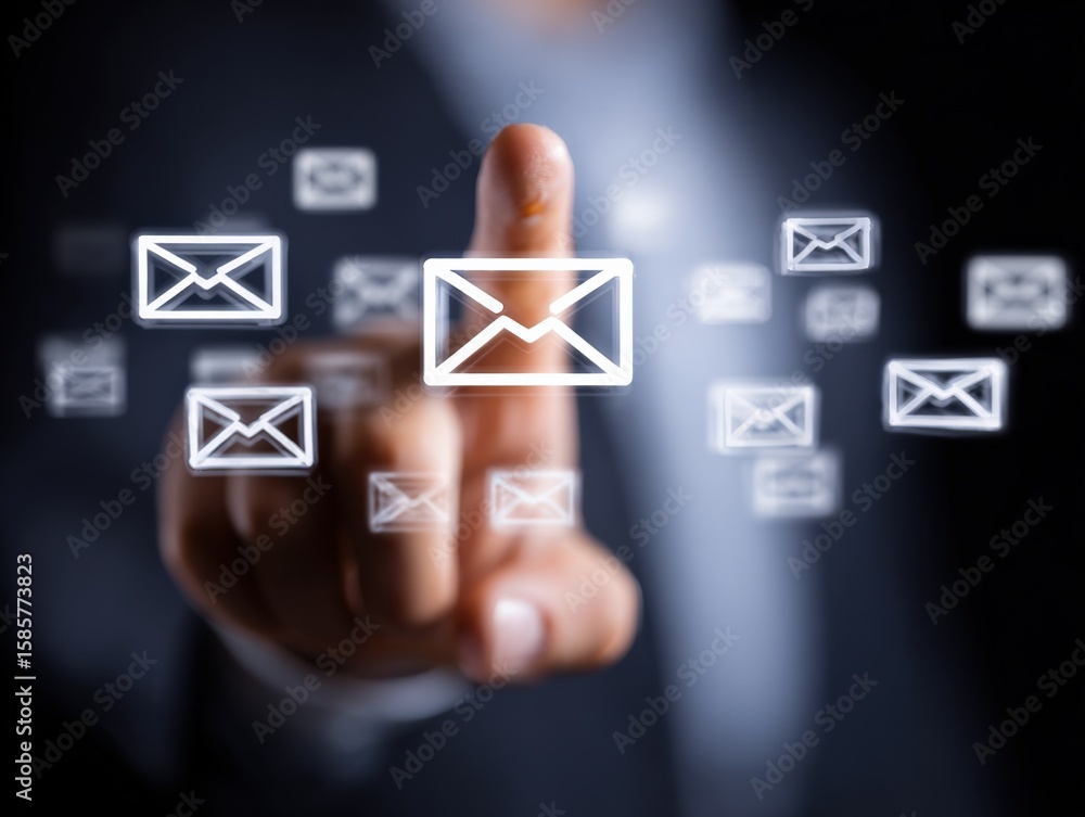 Aufkleber modern digital communication concept with floating email icons and a hand interacting with holograph