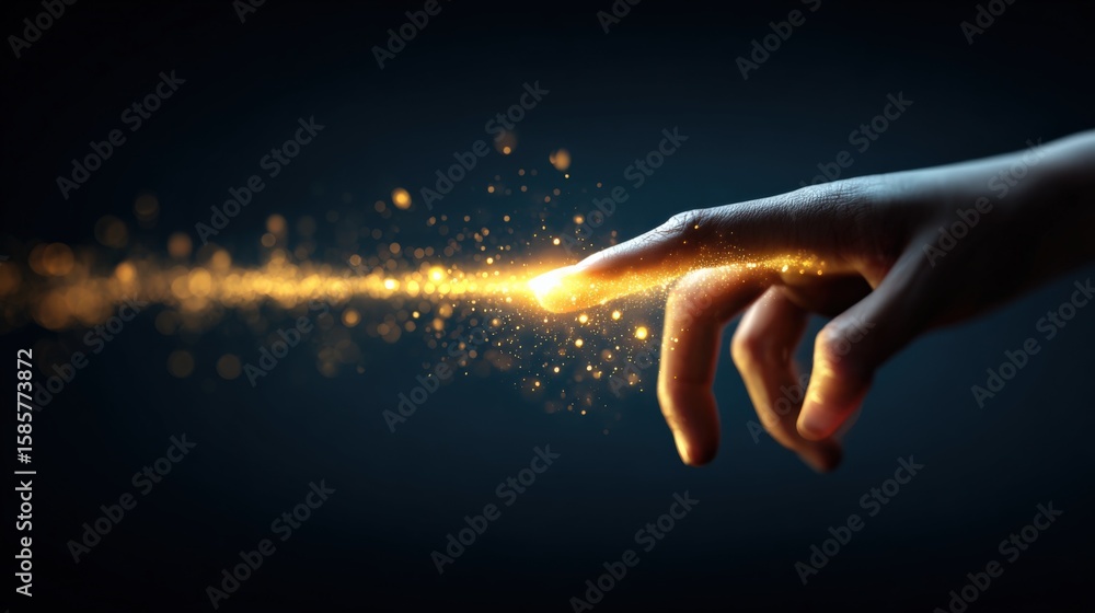 Aufkleber hand touching surface with glowing particles and light trails creating magic effect in a dark backgr